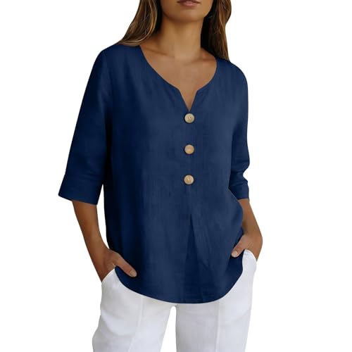 Womens Cotton Linen Tops Gauze V Neck 3/4 Length Sleeve