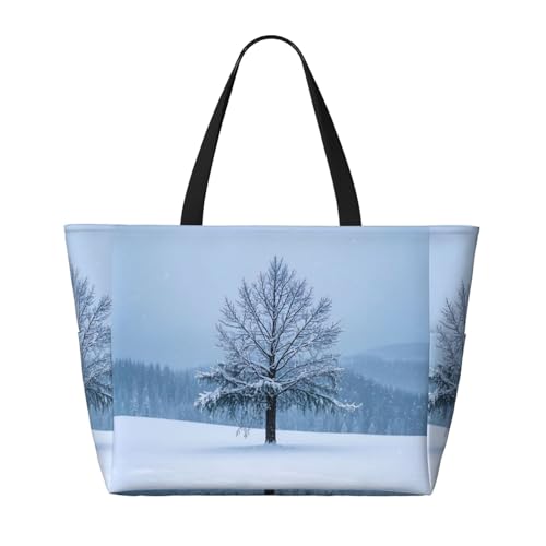 Beach Bag for Women, Waterproof Sandproof Beach Pool Travel Duffel Bags with 7 Pockets, Large Capacity Shoulder Tote Bag for Gym Travel Vacation Essential, Winter Snowflake Tree2