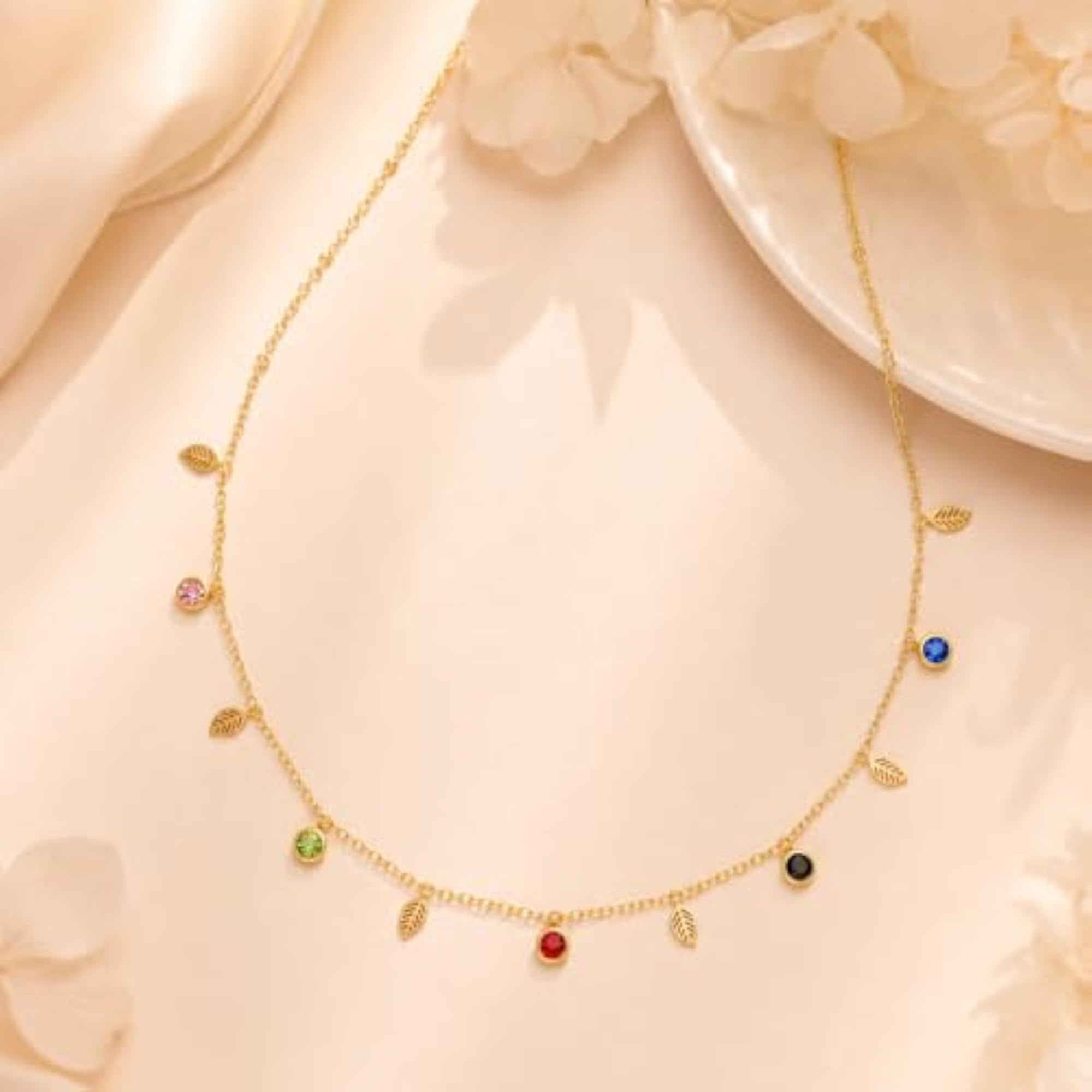 Women's 18K Gold Plated Leaf & Crystal Charm Necklace
