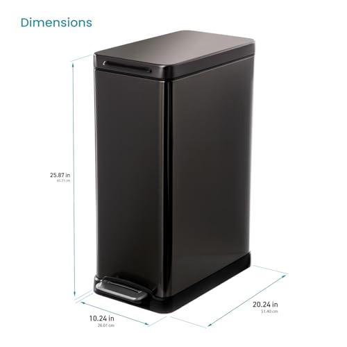 Image of Home Zone Living 12 Gallon Slim Kitchen Trash Can with Soft Close Lid, Step Pedal, Bag Tuck Band, and Removable Liner, Stainless Steel, Black, 45 Liters