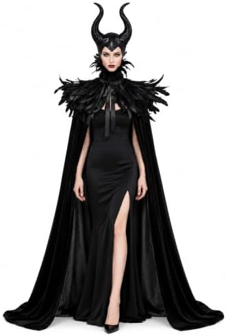 HOMELEX Maleficent Horns with Feather Cape Shawl Set Black Evil Queen Halloween Costume for Women