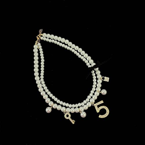 Dainty Simulated Pearls Choker Layered Pearl Necklace Rhinestone Number 5 Dangle Necklace for Women Party Jewelry Gifts2