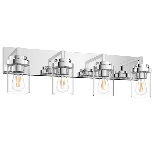 Image of Chrome Light Fixtures, 4 Light Bathroom Vanity Light with Clear Glass Shade, 30 in Modern Vanity Light, Bathroom Lighting Fixtures Over Mirror for Living Room