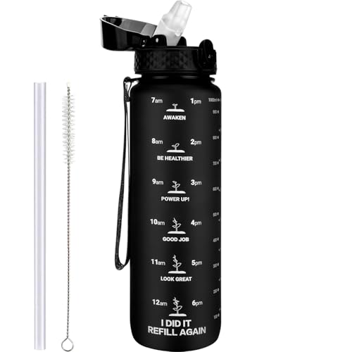 GOPPUS 1L/32oz Borraccia con cannuccia Borraccia motivazionale a tenuta stagna con marcature del tempo Borraccia sportiva in Tritan per palestra Scuola Borraccia grande per Adulti Senza BPA