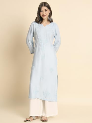 Image of VAIRAGEE Women's Embroidered Lukhnavi Chikankari Work Straight Rayon Ethnic Kurta | Casual Office Kurta for Women