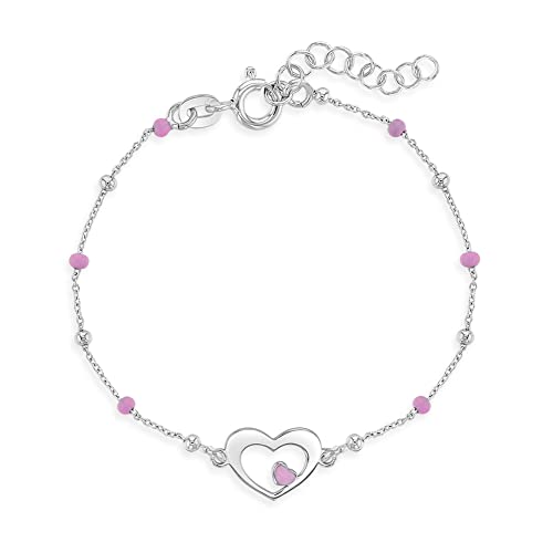 925 Sterling Silver Girl's Adjustable Pink Enamel Heart & Round Beads Bracelet - Fun & Fashionable Beaded Bracelet for Toddlers & Young Girls - Beautiful Small Heart Bracelets for Children