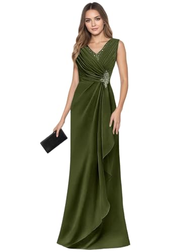 Women's Mother of The Bride Dresses for Seniors Chiffon Beaded Empire Waist Pleated Formal V Neck