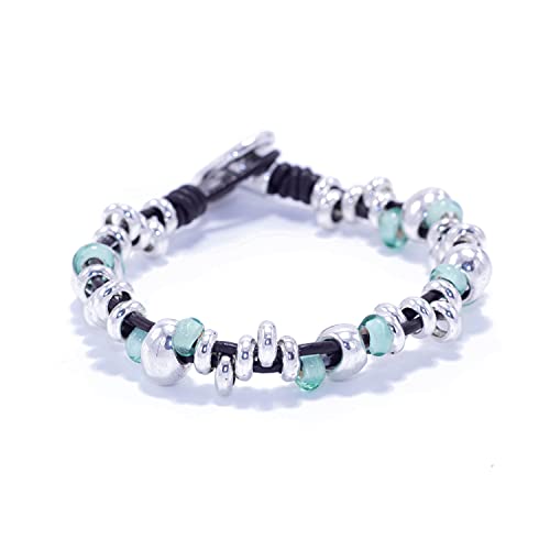 NILUXE DESIGN  Pulsera Cuero y Zamak Estilo Boho   Pulsera Mujer Bañada en Plata Abalorios de Colores de Cristal Checo   Brazalete Mujer Ideal para Regalar Pulseras plata(Verde)