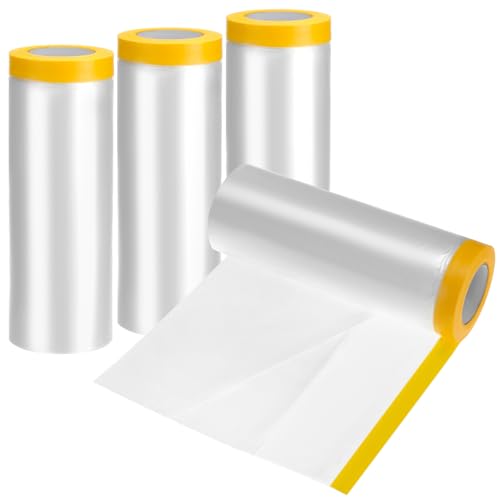 QWORK® 4 Rolls Plastic Dust Sheet, 2.4M x 20M Masking Film with Self-AdhesiveTape, for Painting, Decorating, Furniture Covering