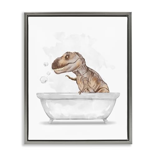 Image of T Rex Dino Bubble Bath Bathroom, 24 x 30 Inch Canvas in Floater Frame | Stupell Industries . By Ziwei Li . Ready to hang . Fun kids bathroom decor . Made in USA