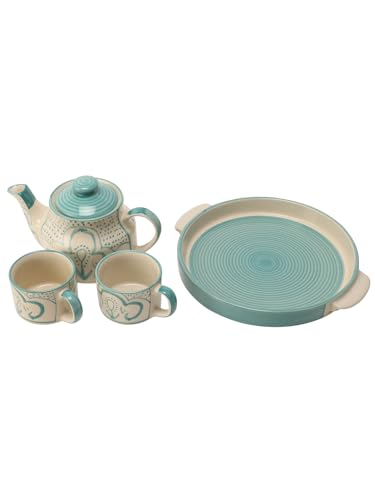 Image of miah decor Ceramic Tea Set with Kettle and Tray with 2 Cups | 500ml | Handmade Stoneware Tea Set - Cream Turquoise | Microwave & Dishwasher Safe | Food Safe | Ideal for Tea Serving & Gifting