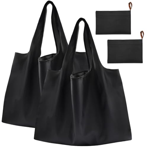 YINKIGI Large Reusable Shopping Bags 2 Pack Foldable Shopping Bag & Waterproof Tote that Folds into Compact Pouch Lightweight for Groceries and Daily Use (Black)