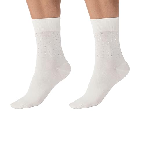 L'eggs Runway Women's Fashion Bedazzled Crew Socks | Breathable, Quality Sustainable Yarns, Comfortable & Stretchy, No Bind Band, Trendy Embellished Accessories | Off White, One Size (Pack of 2)