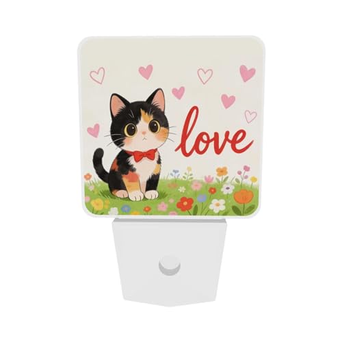 Image of Love Hearts Cute Cat Flowers Night Light 2-Pack, Auto Sensor LED Plug-in Nightlights Set of 2 for Bedroom Bathroom Corridors