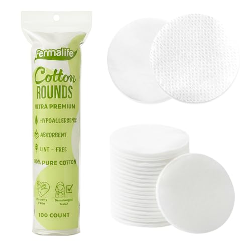 FERMALIFE Premium 100% Pure Cotton Rounds Dual Sided Exfoliating & Ultra Soft Pads for Face, Toner, Makeup, Nails, Facial, Skincare & Baby Care, Lint Free, Hypoallergenic (100ct (1 Bag))