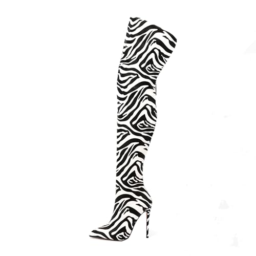 Image of Thigh high boots for women striped Back zipper Burgundy Zebra Print Over the knee Sexy gold white pointed toe Cow Print leopard Magenta stiletto heel