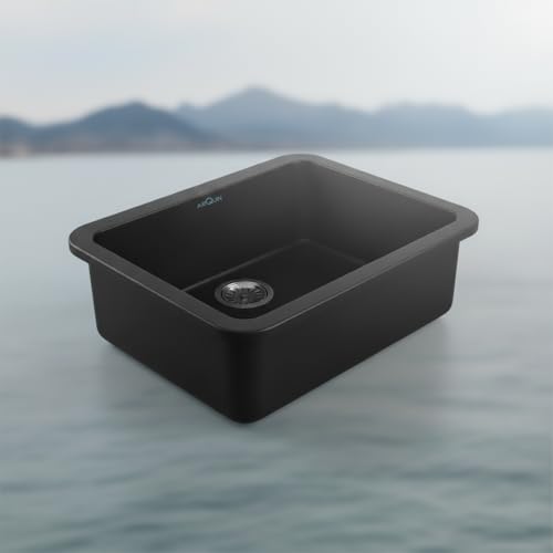 Image of ARQUIN Quartz Sink 24x18x9 Inch Black Round Corner | Single Bowl Sink | Durable & Scratch-Resistant | Undermount /Topmount Including Coupling, Waste Pipe & Fruit Washing Basket