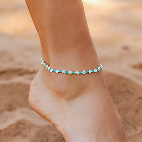Image of Beaded Anklets for Women Boho Cute Daisy Flower Bead Ankle Bracelets Handmade Waterproof Surfer Anklet Summer Beach Foot Jewelry for Women