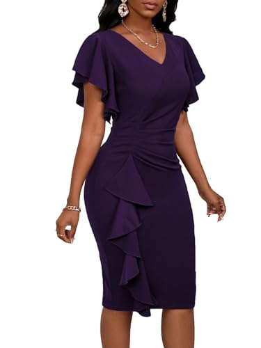 Summer Church Dress for Women V Neck Ruffle Short Sleeve Bodycon Work Midi Dresses3