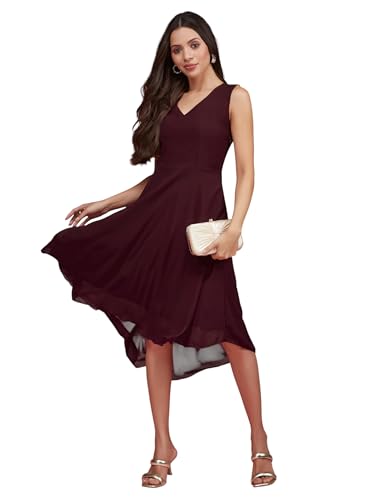 Image of Miss Chase Women's Round Neck Sleeveless Polyester Ruffled Knee- Length Dress
