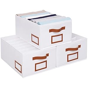OUTBROS Jeans Boîte de Rangement, 3 pièces Rangement Vetement Placard Pliable Armoire Organisateur Tiroir Vetement pour pantalons, T-shirt, avec Poignée et 7 Grilles, Blanc