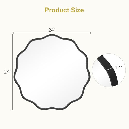 Image of WallBeyond Round Wavy Mirror for Wall Decorative 24 inch, Modern Round Mirror Aluminum Frame for Bathroom Bedroom Living Room Home House Office Entryway, Black