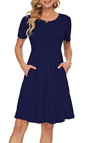 AUSELILY Women's Short Sleeve Summer Dress Pleated Loose Swing Kn...