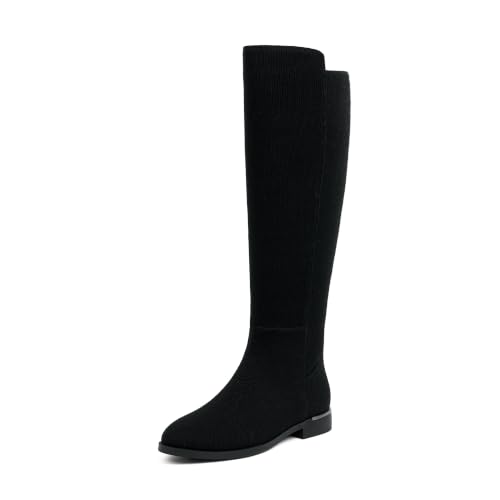 Image of Modatope Rounded Toe Flat Stretchy Dress Knee High Boots Side Zipper