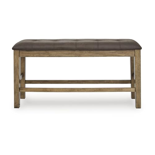 Image of Signature Design by Ashley Vallister Contemporary Tufted Faux Leather Upholstered Counter Height Dining Bench with Burnished Edges, Light Brown