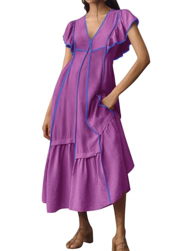 Wenrine Womens Summer V Neck Midi Dress Casual Ruffle Sleeve Contrast Color Loose Fit Flowy Long Dresses