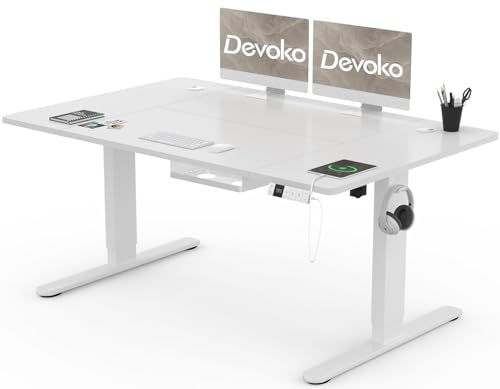 Devoko Höhenverstellbarer Schreibtisch 140x80cm mit Typ-C Ladeanschluss, Schreibtisch Höhenverstellbar Elektrisch, Mobiler Elektrisch Computertisch mit Kabel Management Tray, Weiß