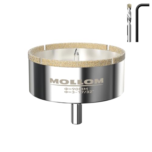 MOLLOM 3-17/32" (90mm) Diamond Hole Saw with 2Pcs Removable Pilot Drill Bit Smooth Cutting for Porcelain Tiles,Glass,Ceramic,Marble,Fiberglass,etc
