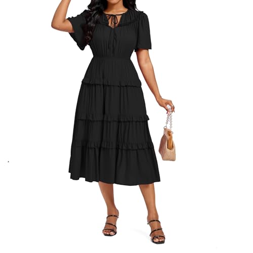 Image of Women's Short Sleeve Summer Boho Pleated Rayon Mid Dresses with Pockets for Wedding Guest