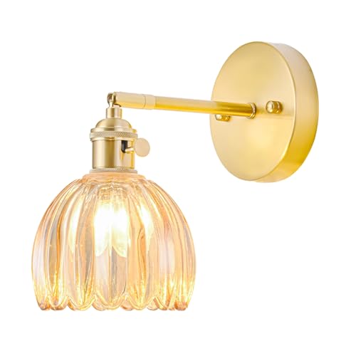Image of Hardwired Wall Sconce Light, Vintage Wall Sconce with Switch, Gold Wall Light Fixture with Tulip Amber Glass Lampshade, Indoor Wall Light for Bedroom Bathroom, Bedside Wall Lamp