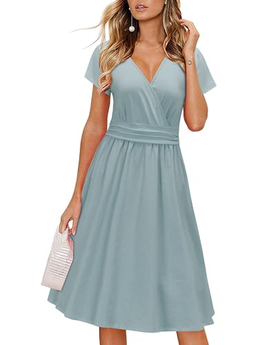 OUGES Damen Sommerkleid Kurzarm V-Ausschnitt Knielang Midi Kleid mit Taschen(Blau, L)