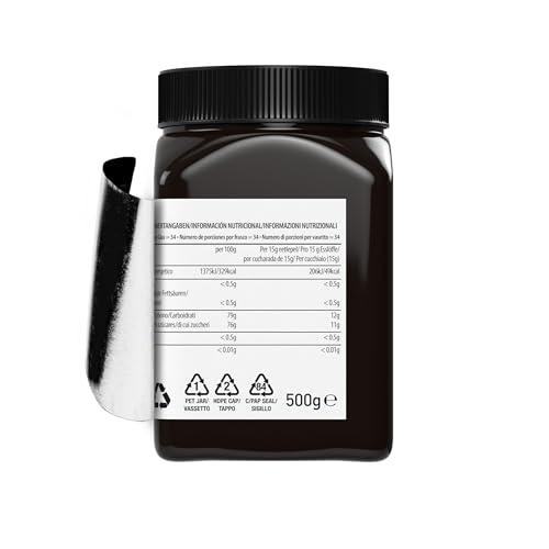 Pure Gold Manuka-Honig 525+ 500 g, Honig aus Neuseeland, im Kunststoffbehälter, MBO-zertifiziert und nach MPI-Standards
