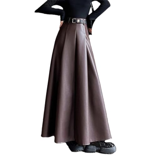 Suwequest Knöchellanger Kunstlederrock für Damen, Herbst, Winter, Gürtel, A-Linie, hohe Taille, lang, Maxi-Rock, PU-Rock für Damen, braun, 48