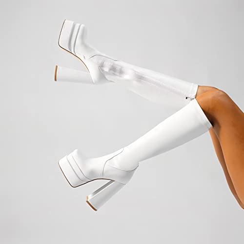 Image of wetkiss Classic Platform Knee High Boots Go Go Boots | Chunky Heel, Hallowee, Stretch Fabric, Square Toe, Good Gifts, Cosplay Custume, Festival,Versatile