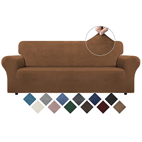 Weerrw Velvet Couch Cover For 3 Cushion Couch Covers - Stretch Sofa Slipcovers With Non Skid Foam And Elastic Bottom, Furniture Protector For Pets, Crafted From Soft Plush Fabric, Camel, Large #TOP20