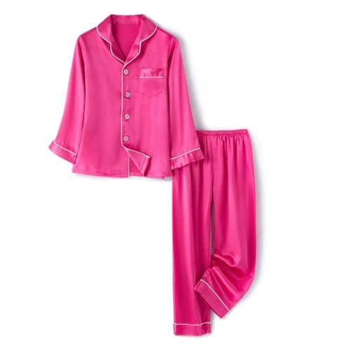 Girls Boys Silk 𝐏𝐣𝐬 Kids Button Down 𝐏ajamas Long Sleeve Lapel 2 Piece Plain Satin Outfits Matching 𝐒leepwear3