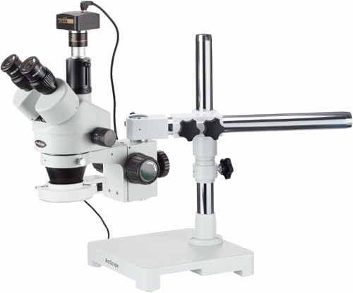 Image of AmScope SM-3TZ-54S-8M Digital Professional Trinocular Stereo Zoom Microscope, WH10x Eyepieces, 3.5X-90X Magnification, 0.7X-4.5X Zoom Objective, 54-Bulb LED Light, Single-Arm Boom Stand, 110V-240V, Includes 0.5X and 2.0X Barlow Lenses and 8MP Camera with Reduction Lens and Software