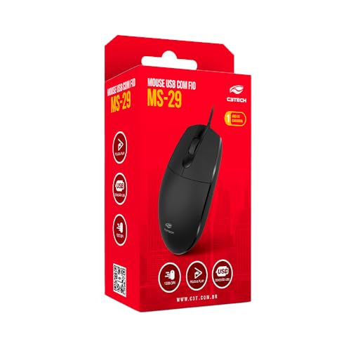 C3Tech Mouse USB MS-29BK Preto com cabo longo 2Metros 1200DPI, Ambidestro, Compatível MacOS, Linux,