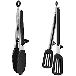 Sartenes Acero Inoxidable Grado Alimenticio Pinzas de cocina 9 pulgadas Pinzas ×2 de barbacoa de acero inoxidable, Pinzas de cocina de silicona de grado alimenticio Con mango antideslizante y cerradura y soporte(Negro 23cm)