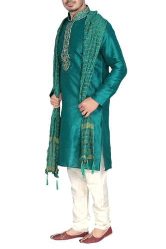 MKP9008 Green and Ivory Men's Kurta Pyjama Indian Suit Bollywood Sherwani2