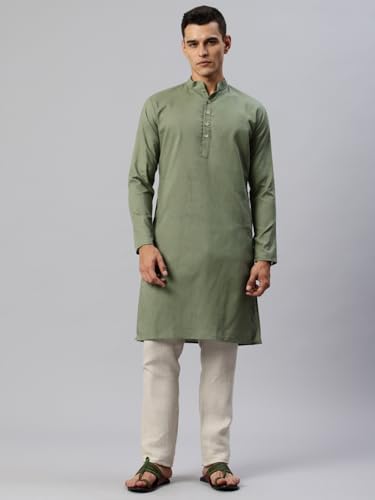 Image of Majestic Man Men's Cotton Regular Fit Casual Mandarin Collar Ethnic Motifs Solid Long Kurta