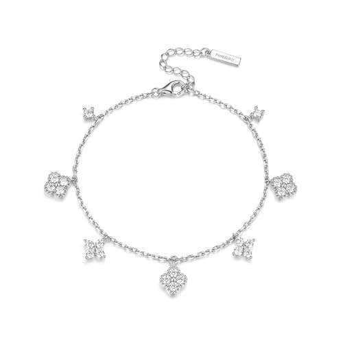 Bracelet trèfle 4 feuilles en argent et zircone pour femme - Chaîne réglable de 17+3 cm