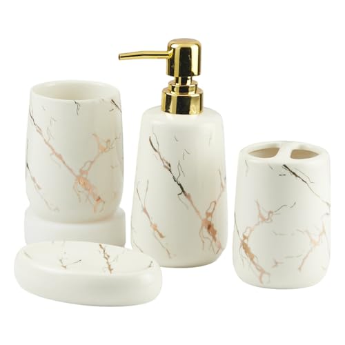 Image of Kookee Ceramic Beige & Gold Marble Bathroom Accessories Set of 4 (8842)