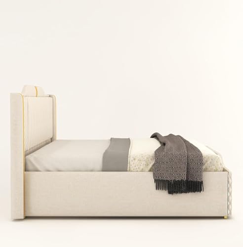 Image of Modern Upholstered King Size Bed with Storage | Double Bed with Box Storage & Upholstery Premium Fabric Headboard | Platform Bed for Bedroom & Hotel | Sheesham Wood, White, 6.5 x 6 Ft