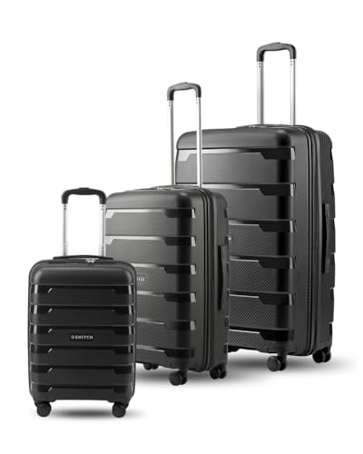 Image of SNITCH Layer 3Pc Set Black Polypropylene Hard Travel Suitcase - Suitcase for Travel Set of 3 & Luggage with 8 Wheels, Premium Lock, Wet & Dry Pouch & Free Shoe Bag