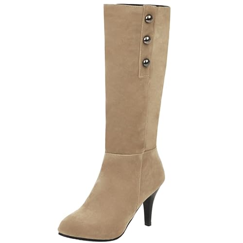 Joliss Mujer Pionted Toe Mid Botas Altas Tacón Alto Sin Cordones Altas Botas Tacón de Aguja Mid Botas Beige Talla 36 EU